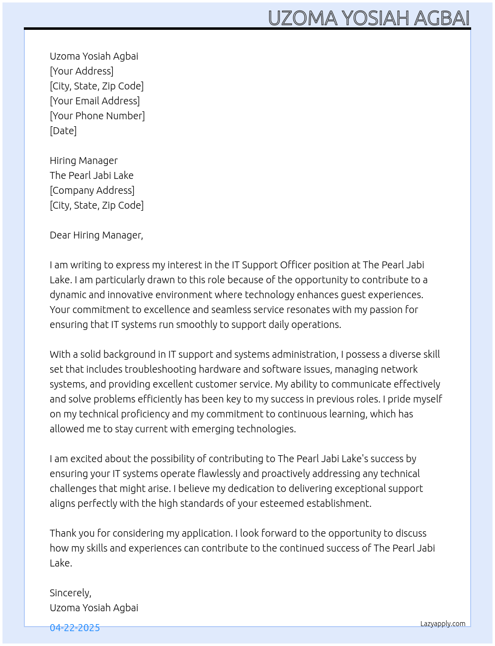 IT Support Officer At The Pearl Jabi Lake Cover Letter