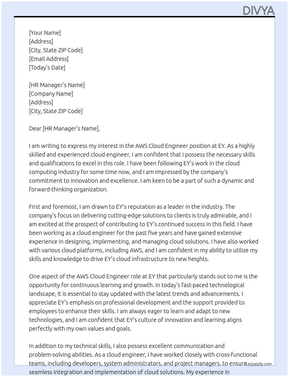 AWS Cloud Engineer At EY Cover Letter