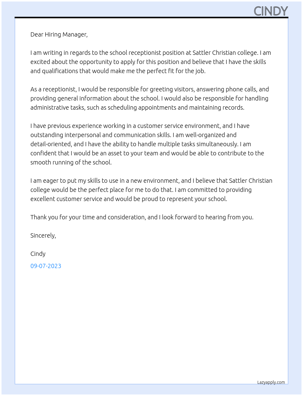 School receptionist At Sattler Christian college Cover Letter