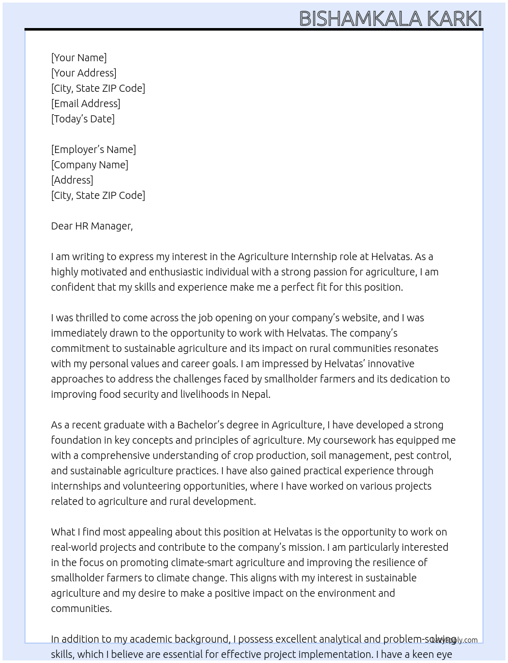 Agriculture At Helvatas Cover Letter