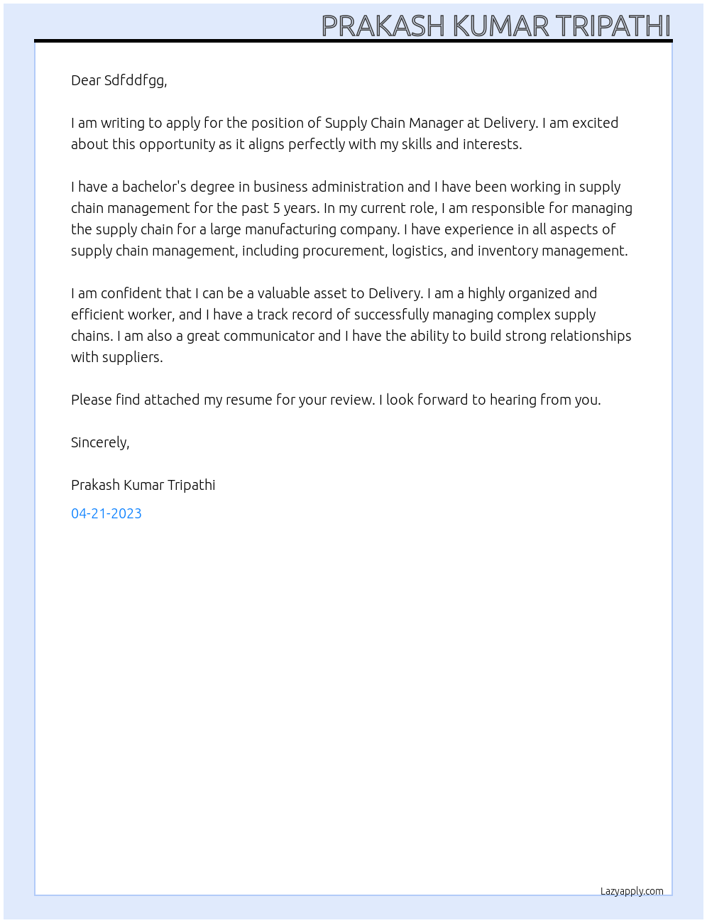 Supply chain manager  At Delivery  Cover Letter