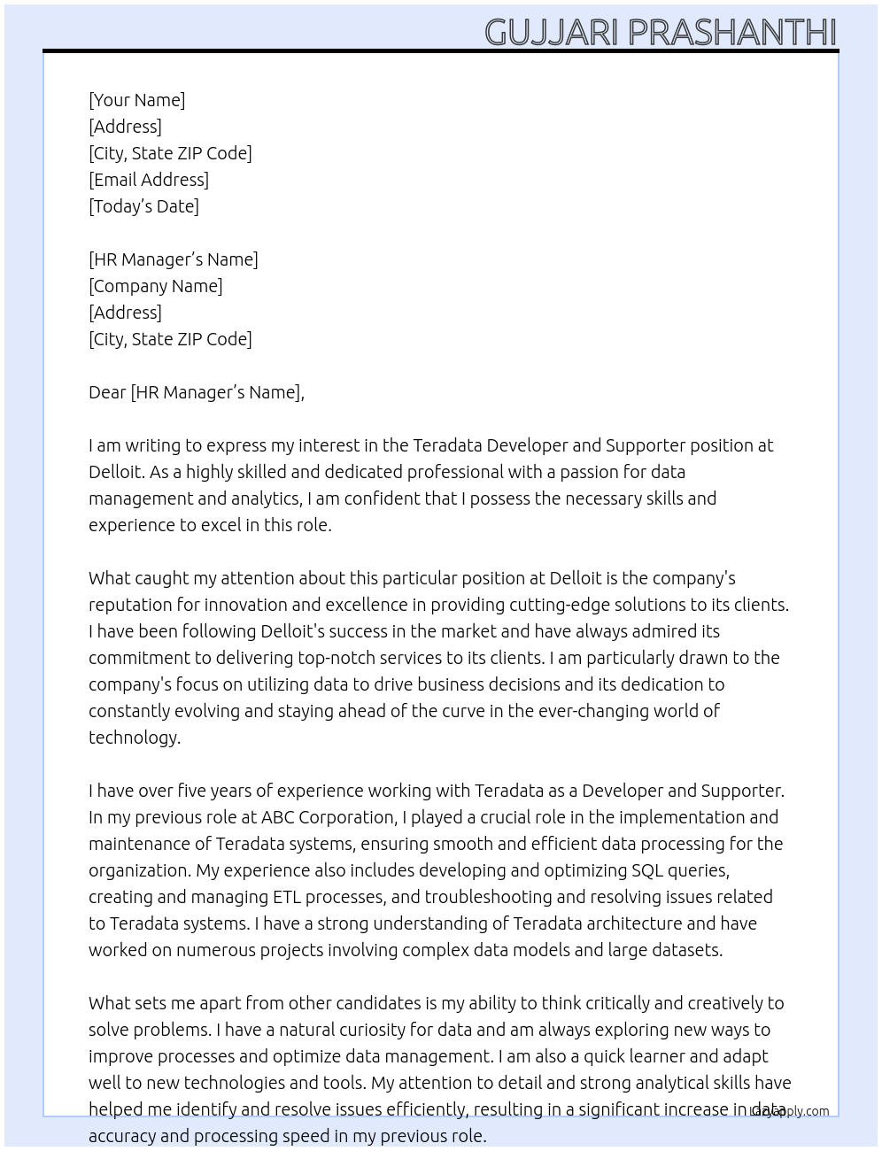 Cover letter for teradata developer and supporter - LazyApply