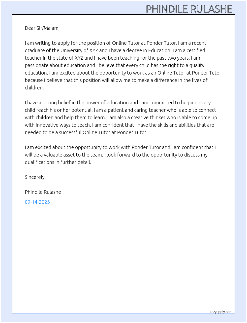 Online Tutor At Ponder Tutor Cover Letter