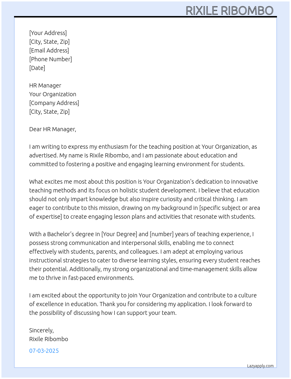 Teaching At Your organization Cover Letter