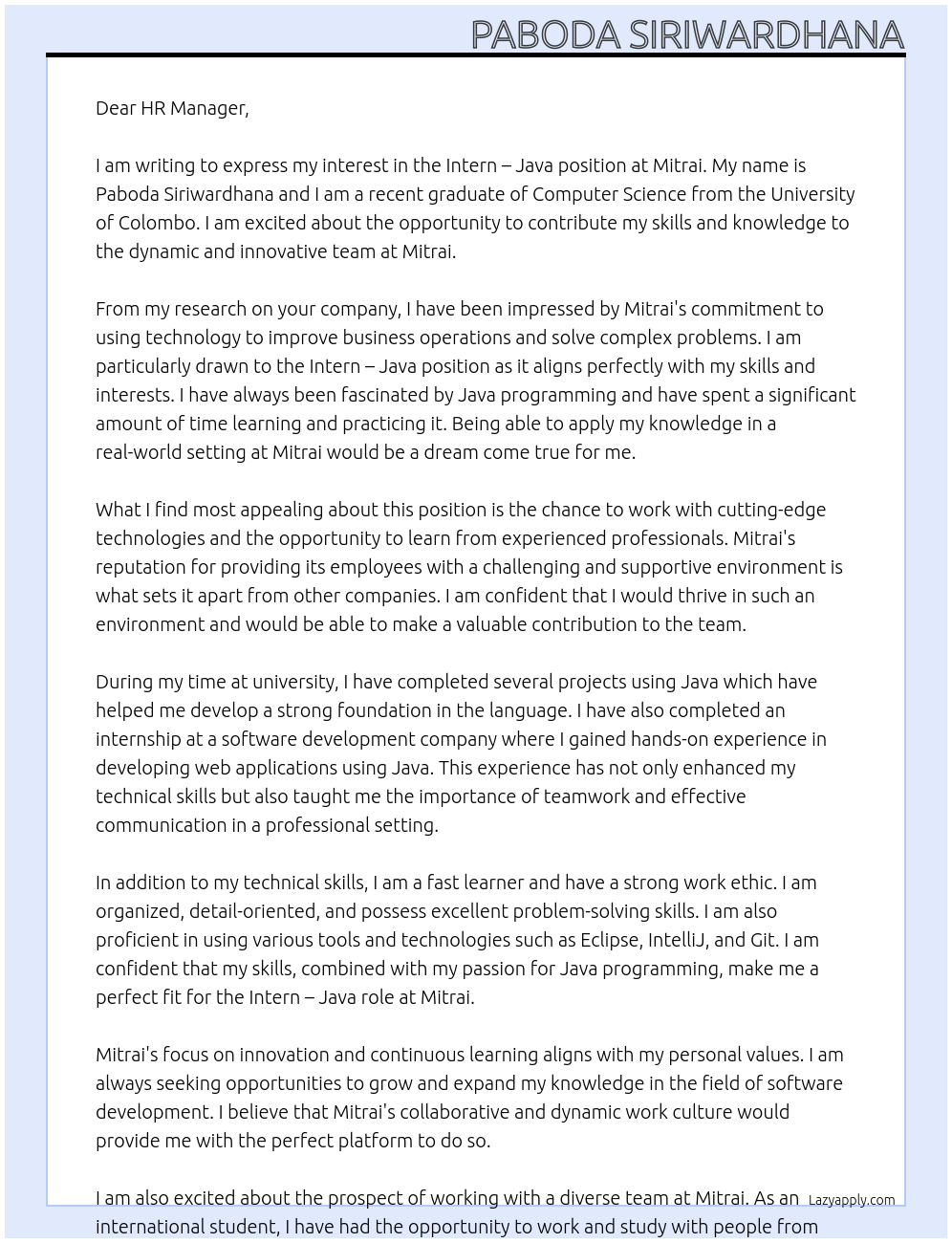 Cover letter for intern – java - LazyApply