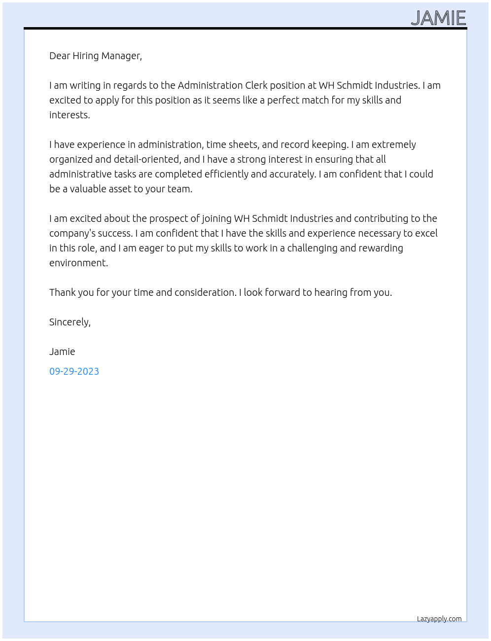 Administration clerk At WH Schmidt Industries Cover Letter