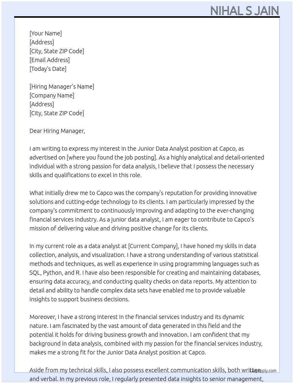 Junior Data Analyst At Capco Cover Letter