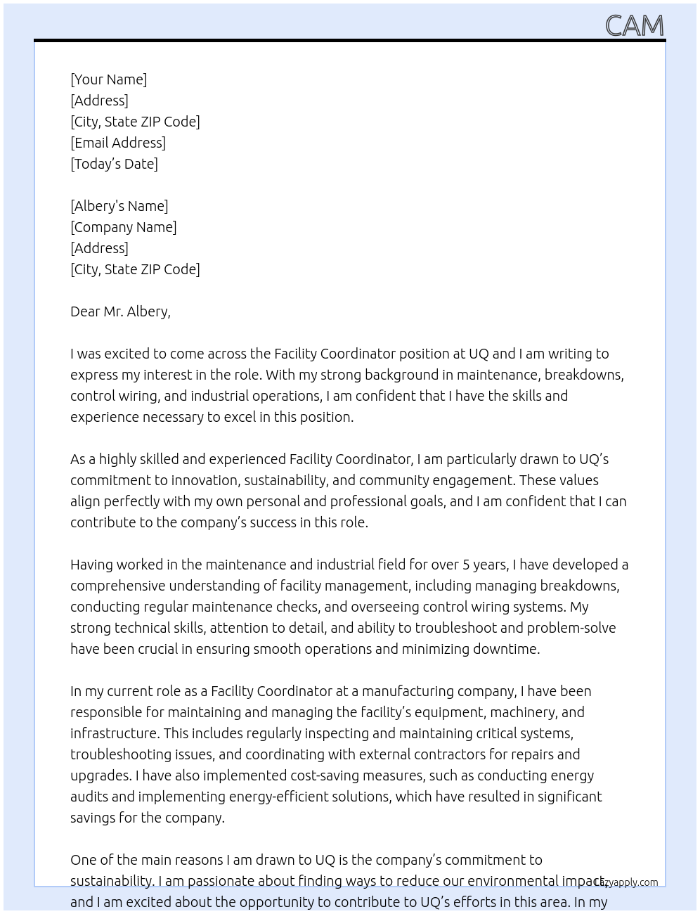 Facility Coordinator At UQ Cover Letter