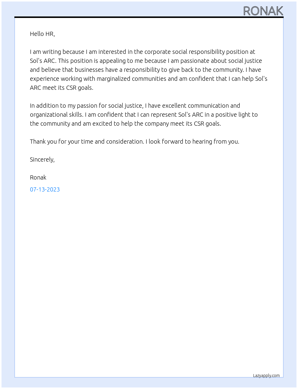 Corporate social responsibility   At Sol's ARC Cover Letter