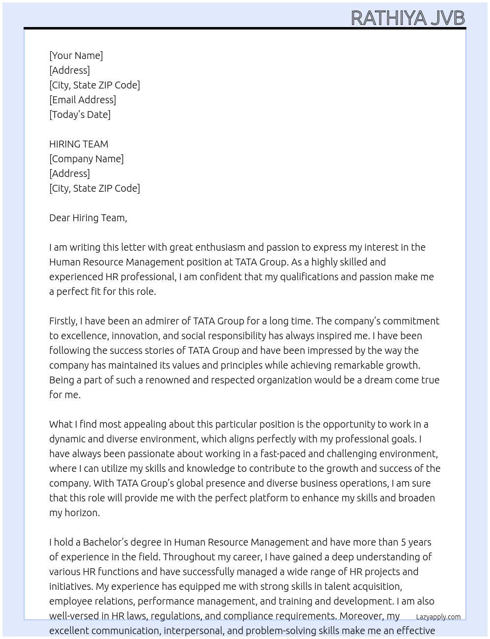 HUMAN RESOURCE MANAGEMENT At TATA GROUP Cover Letter