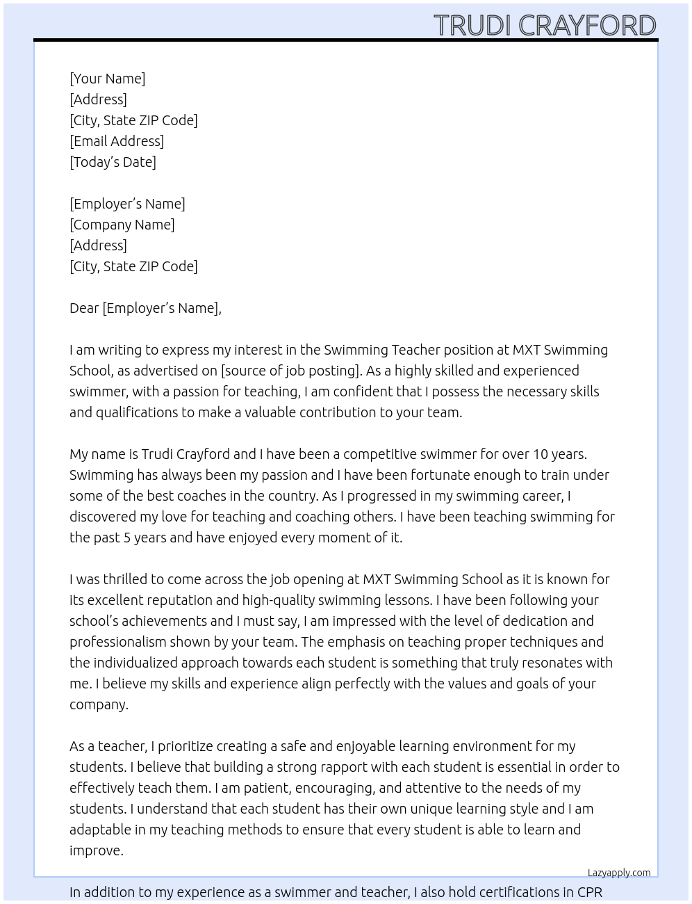 Swimming teacher At MXT Swimming School Cover Letter