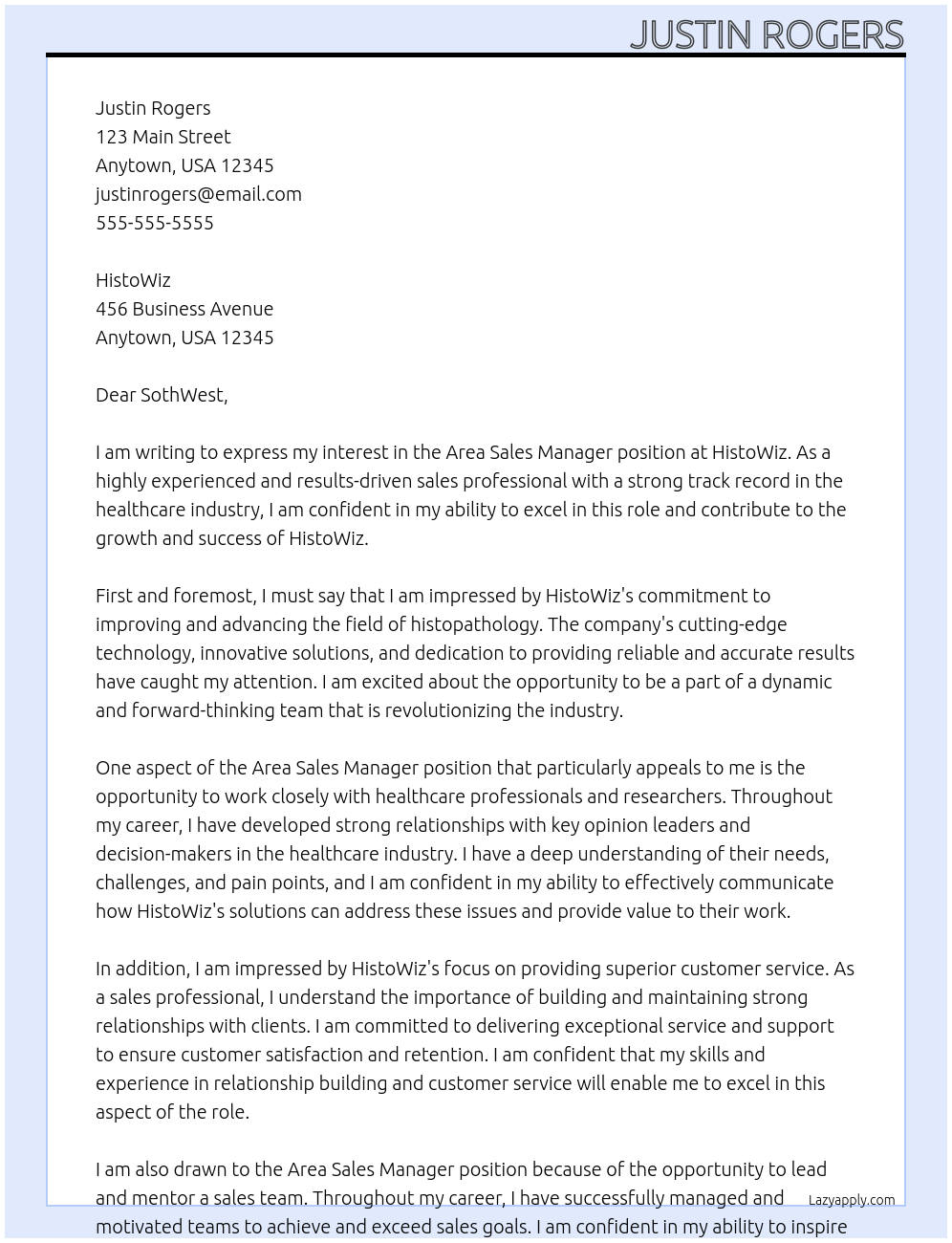 Area Sales Manager At HistoWiz Cover Letter