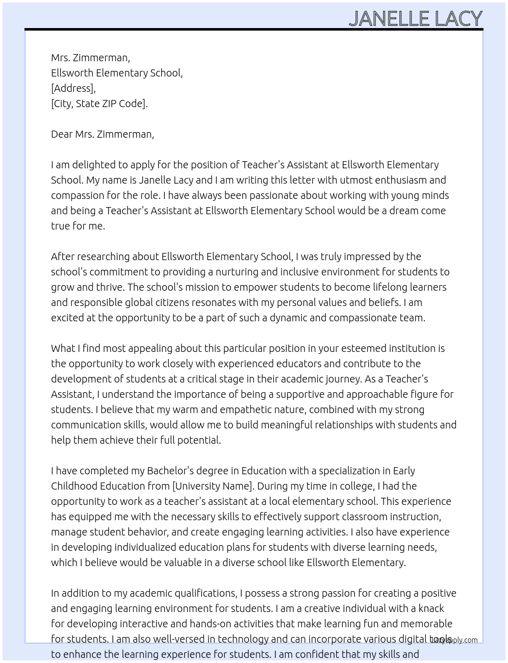 Teacher's Assistant At Ellsworth Elementary School Cover Letter