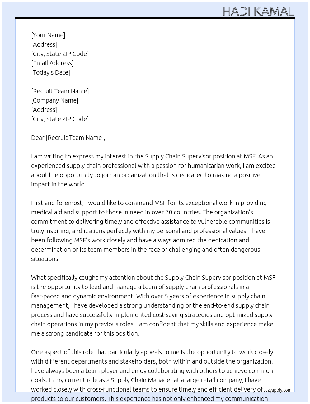 Supply chain supervisor  At MSF  Cover Letter