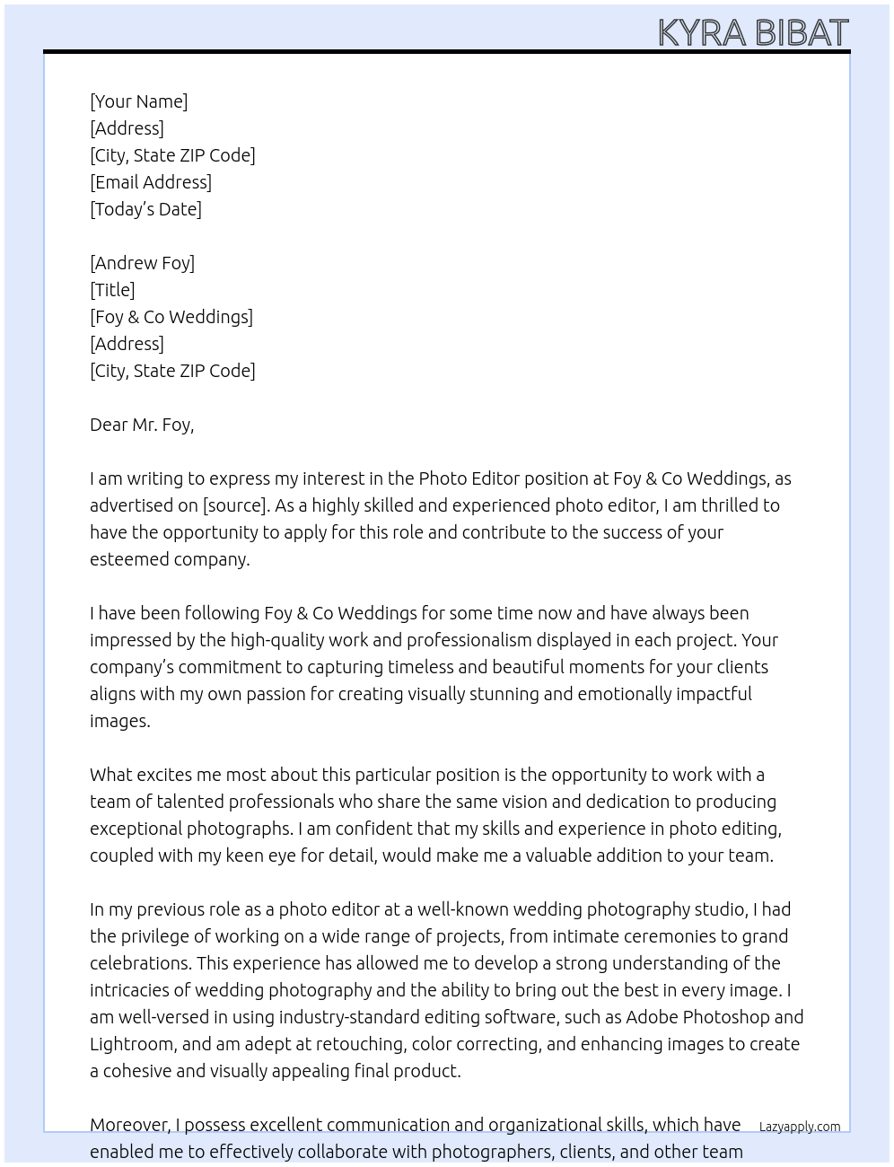photo editor At Foy & Co Weddings Cover Letter
