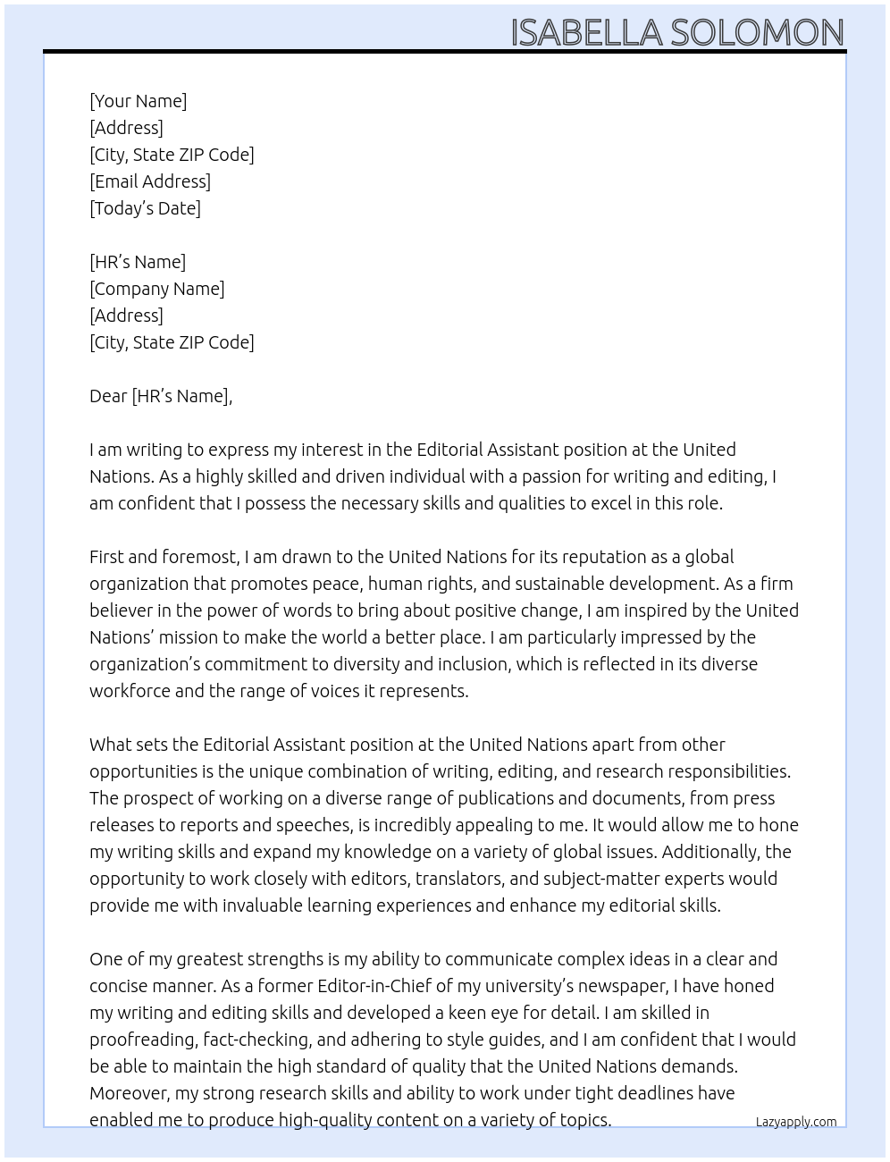 editorial assistant At united nation Cover Letter
