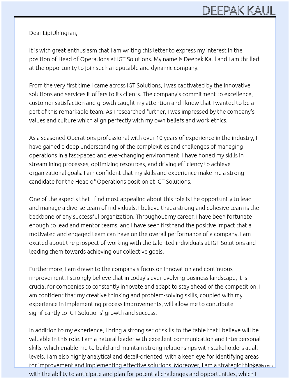 Head of Operations At IGT Solutions Cover Letter
