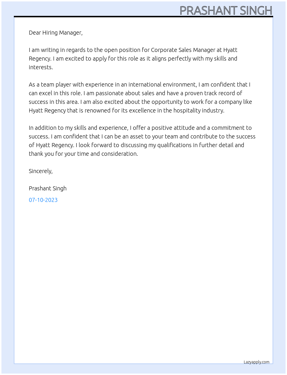 Corporate Sales Manager At Hyatt Regency Cover Letter