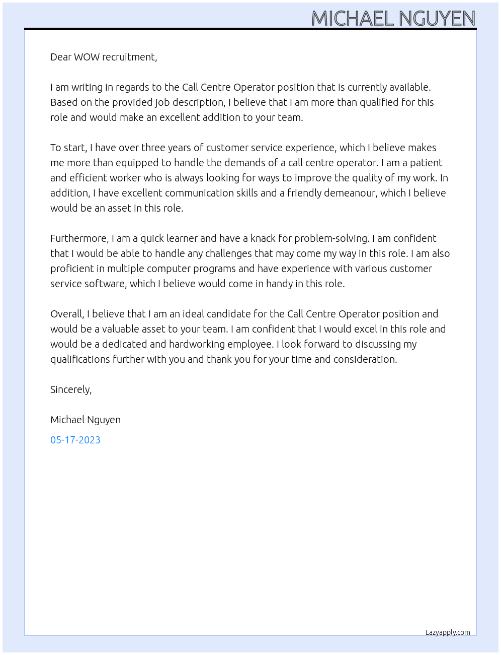 Call Centre Operator At WOW recruitment Cover Letter