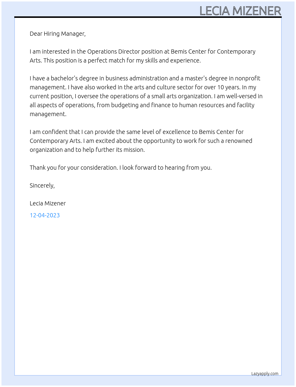 Operations Director At Bemis Center for Contemporary Arts Cover Letter