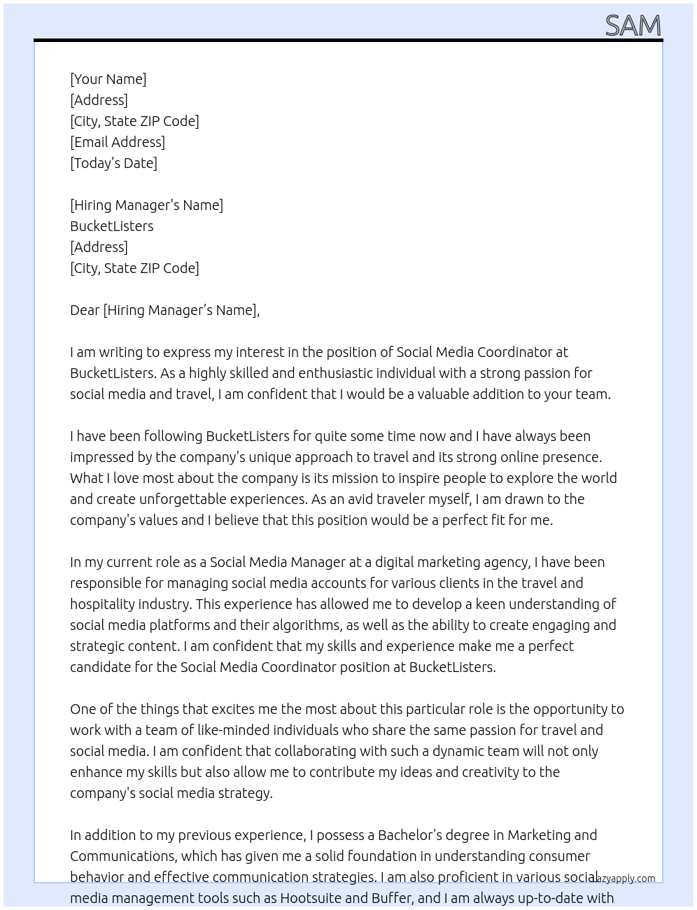 Social Media Coordinator At BucketListers Cover Letter