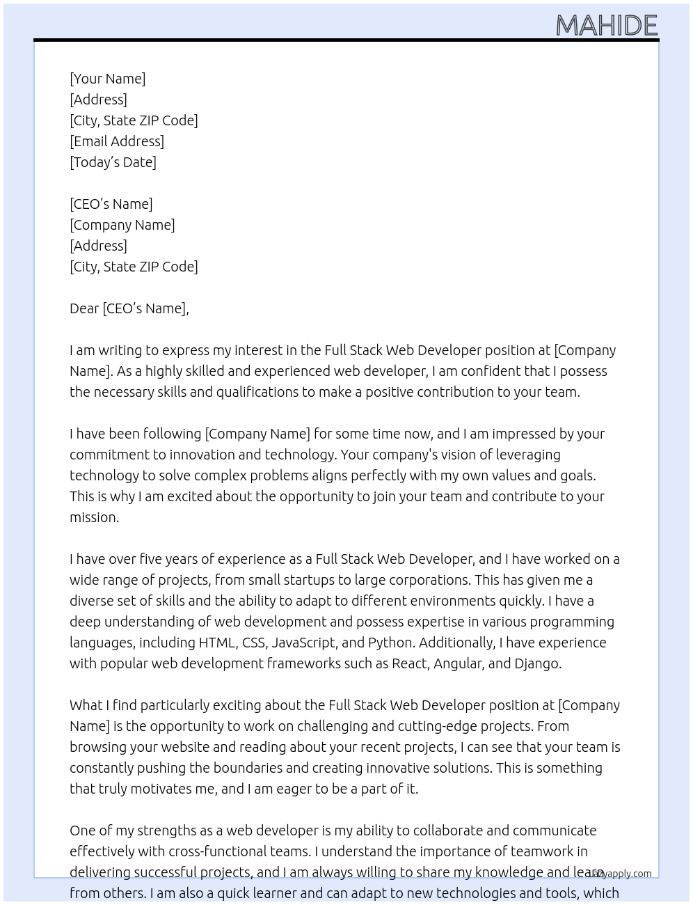 Full Stack Web Developer At IT Company Cover Letter
