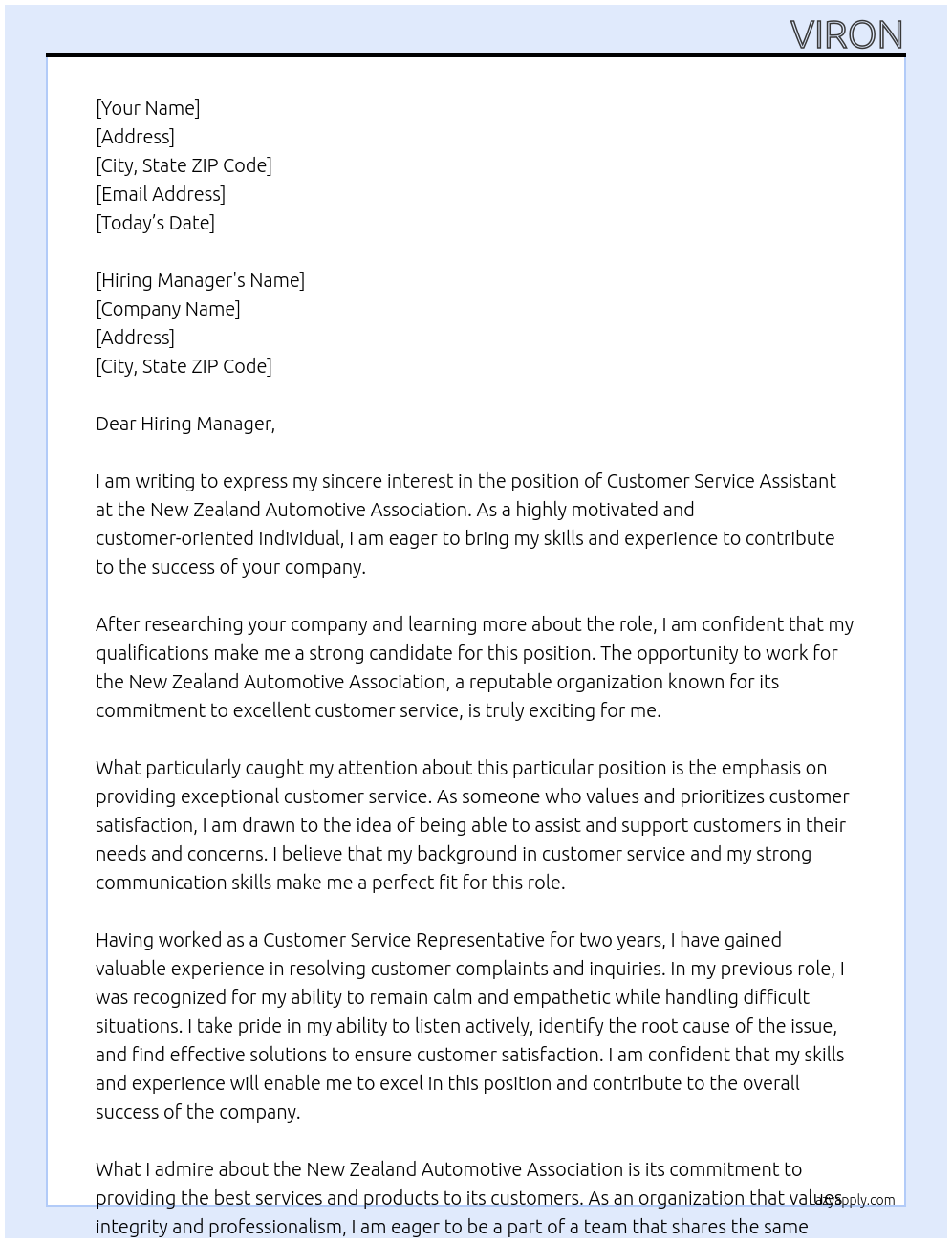 Customer service assistant At New Zealand Automotive Association Cover Letter