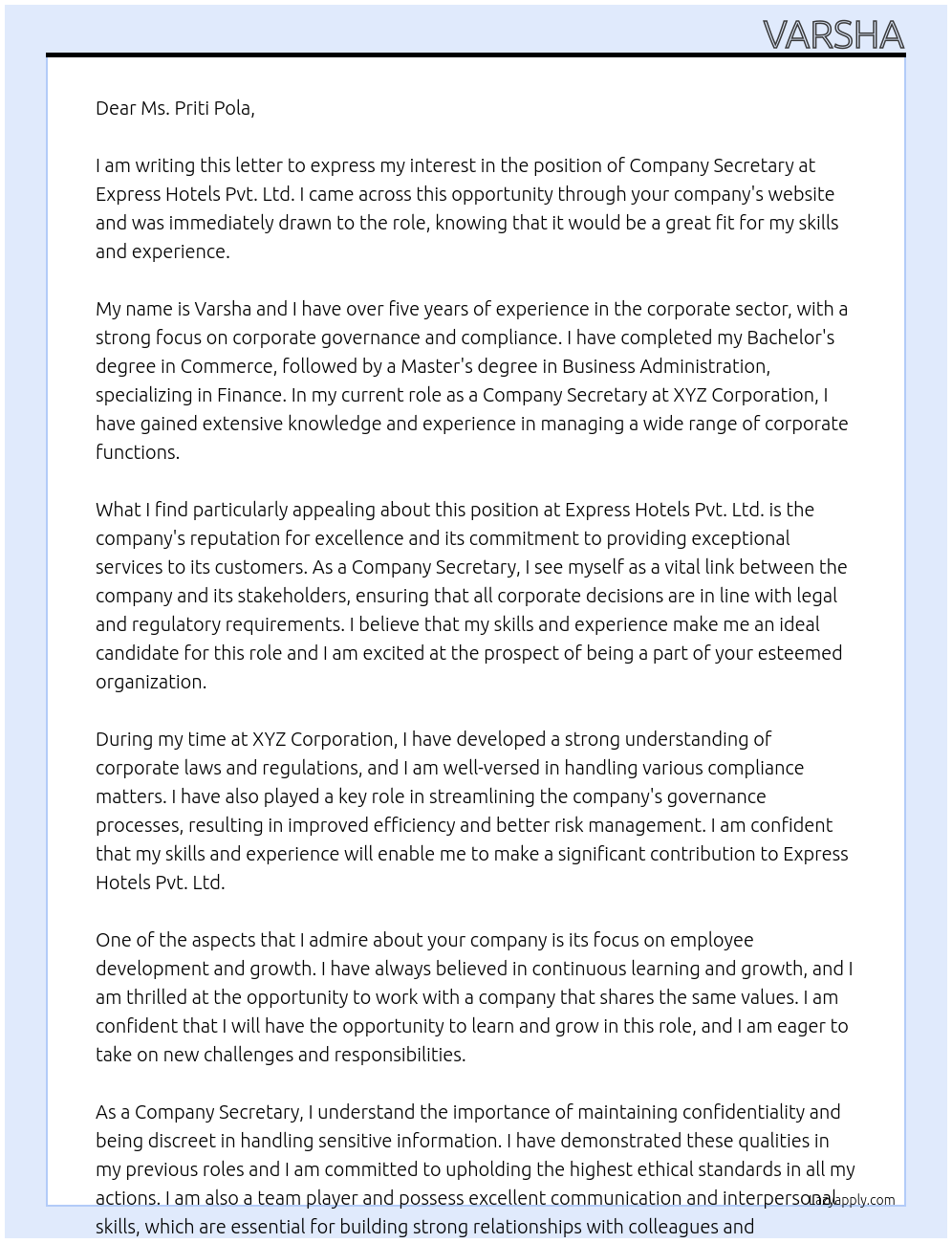 COMPANY SECRETARY At EXPRESS HOTELS PVT. LTD. Cover Letter