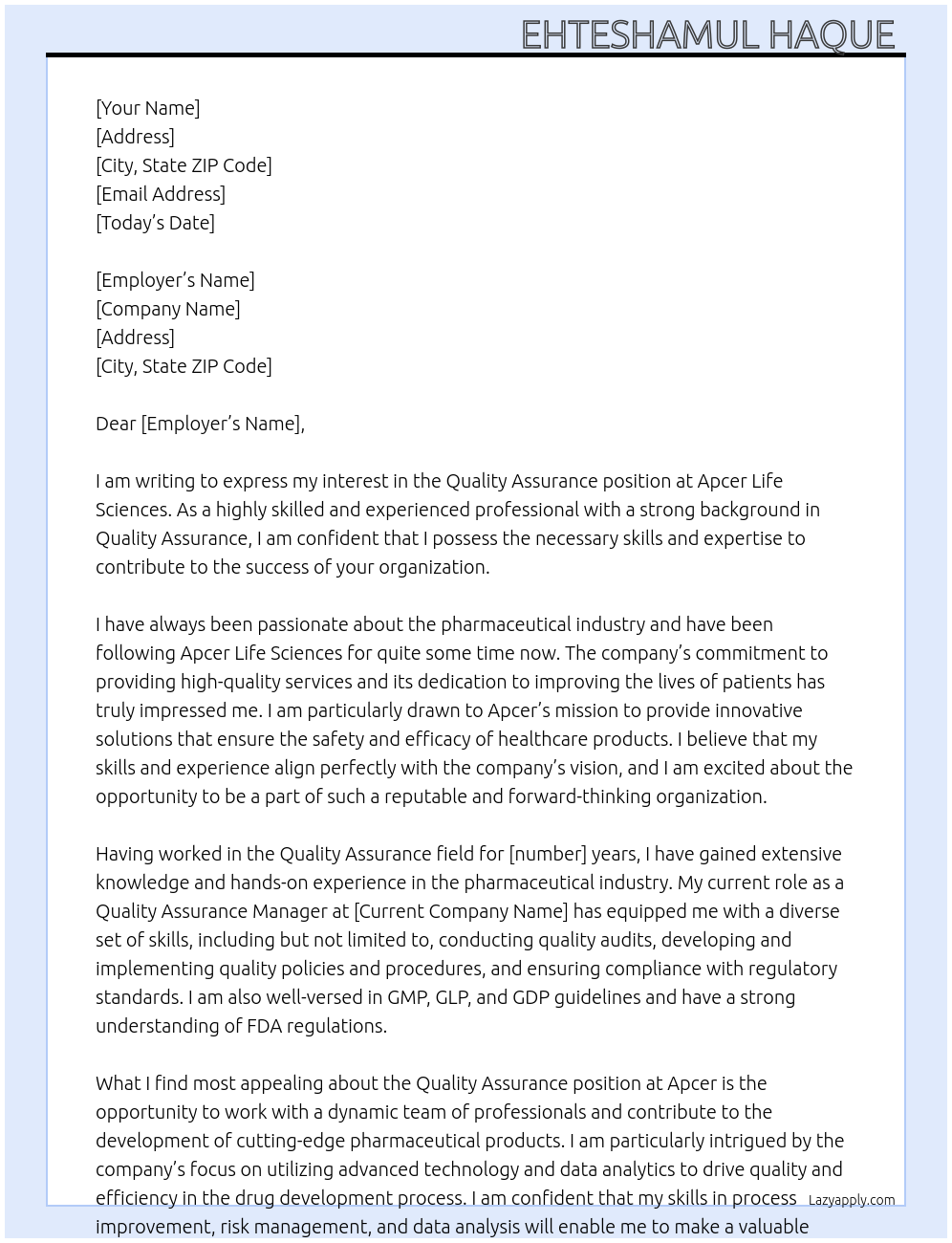 Quality assurance  At Apcer life sciences Cover Letter