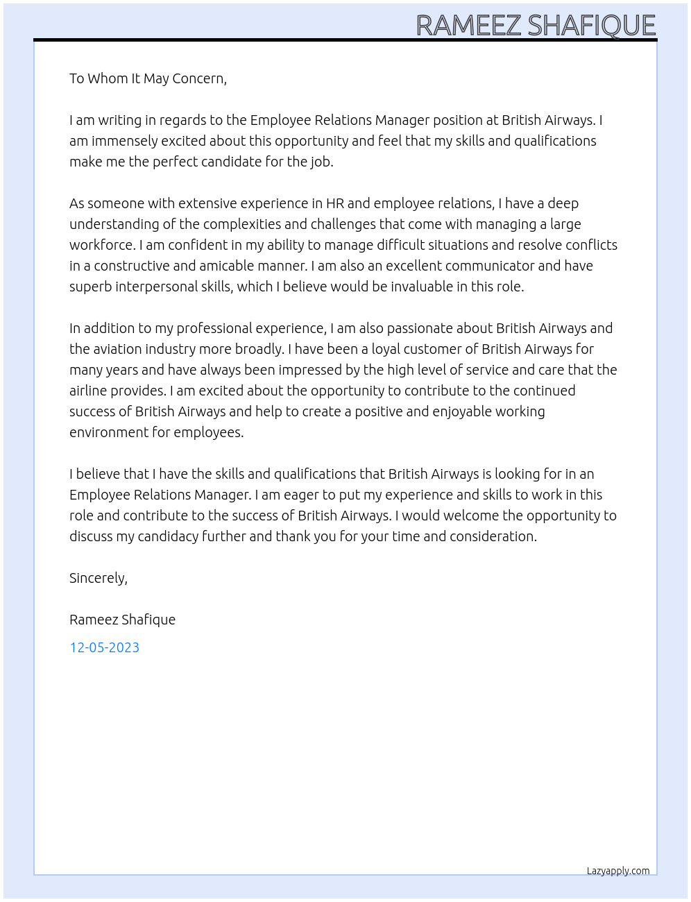 employee relations manager At british airways Cover Letter