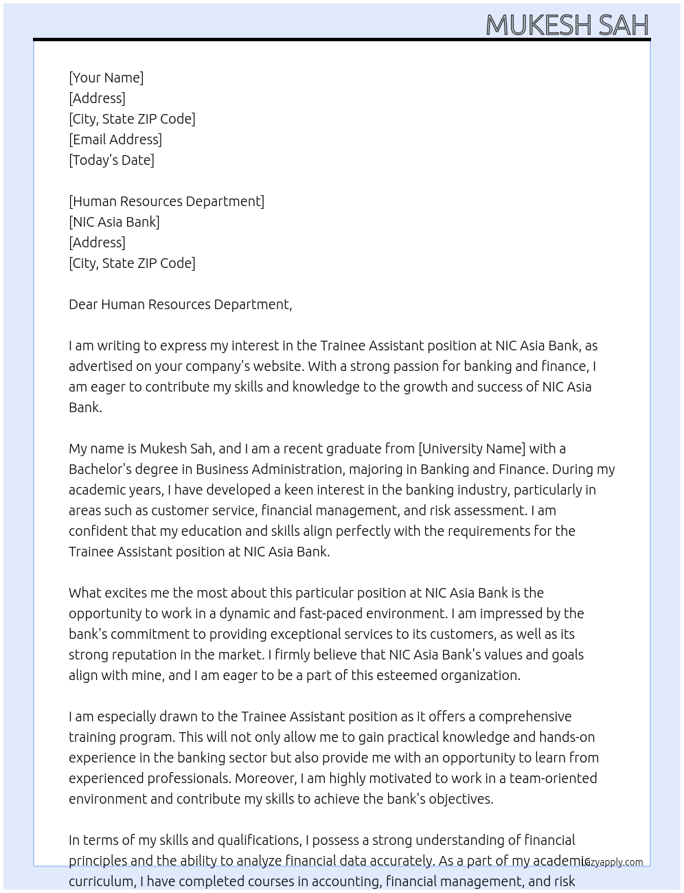 trainee assistant At nic asia bank Cover Letter