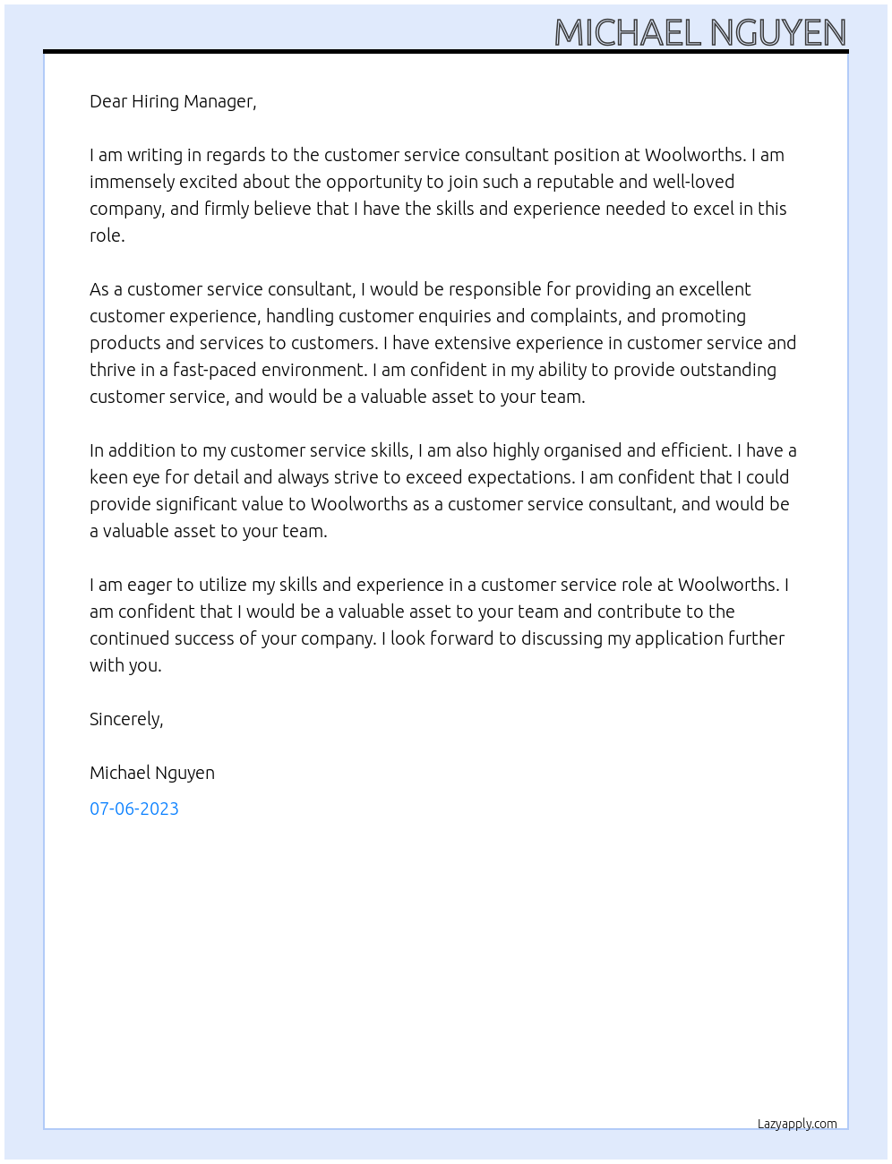 customer service consultant  At Woolworths Cover Letter