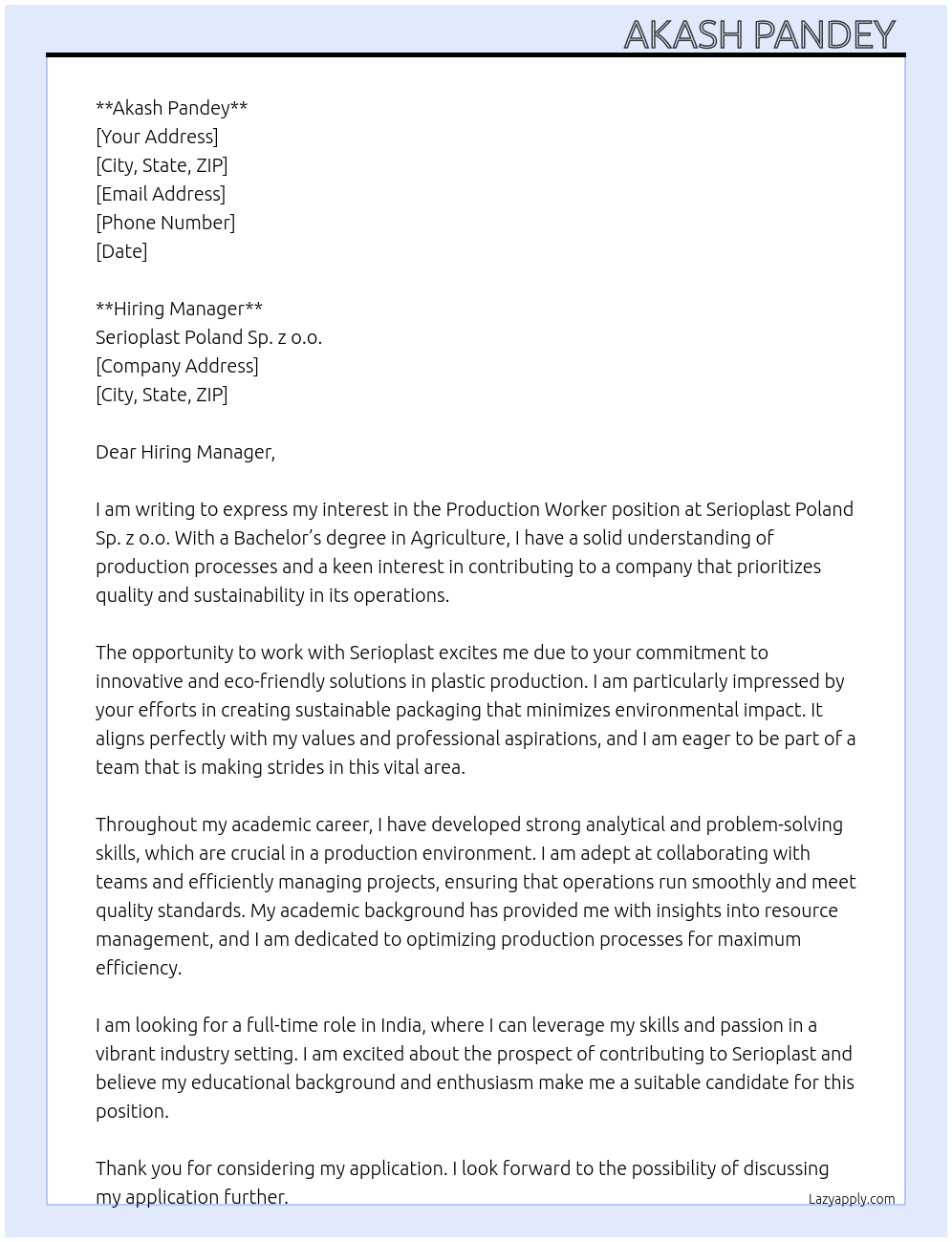 Production worker At Serioplast poland Sp. z.o. o. Cover Letter