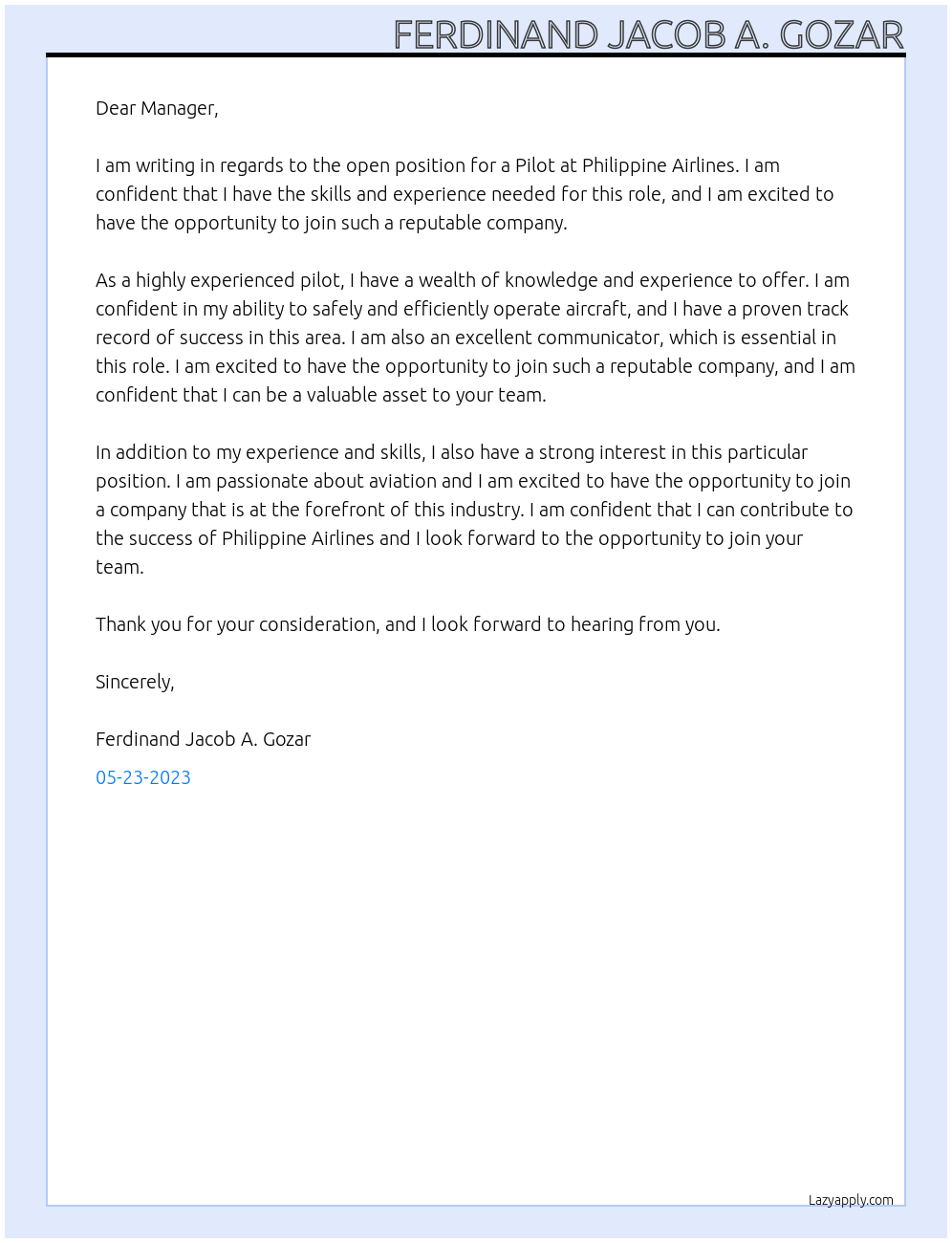 Pilot At Philippine Airlines Cover Letter