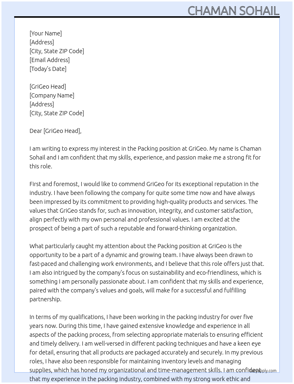 Packing At GriGeo Cover Letter