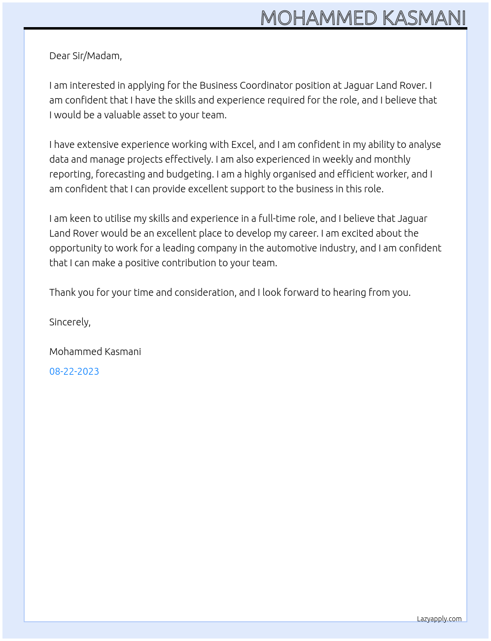 Business Coordinator At Jaguar Land Rover Cover Letter