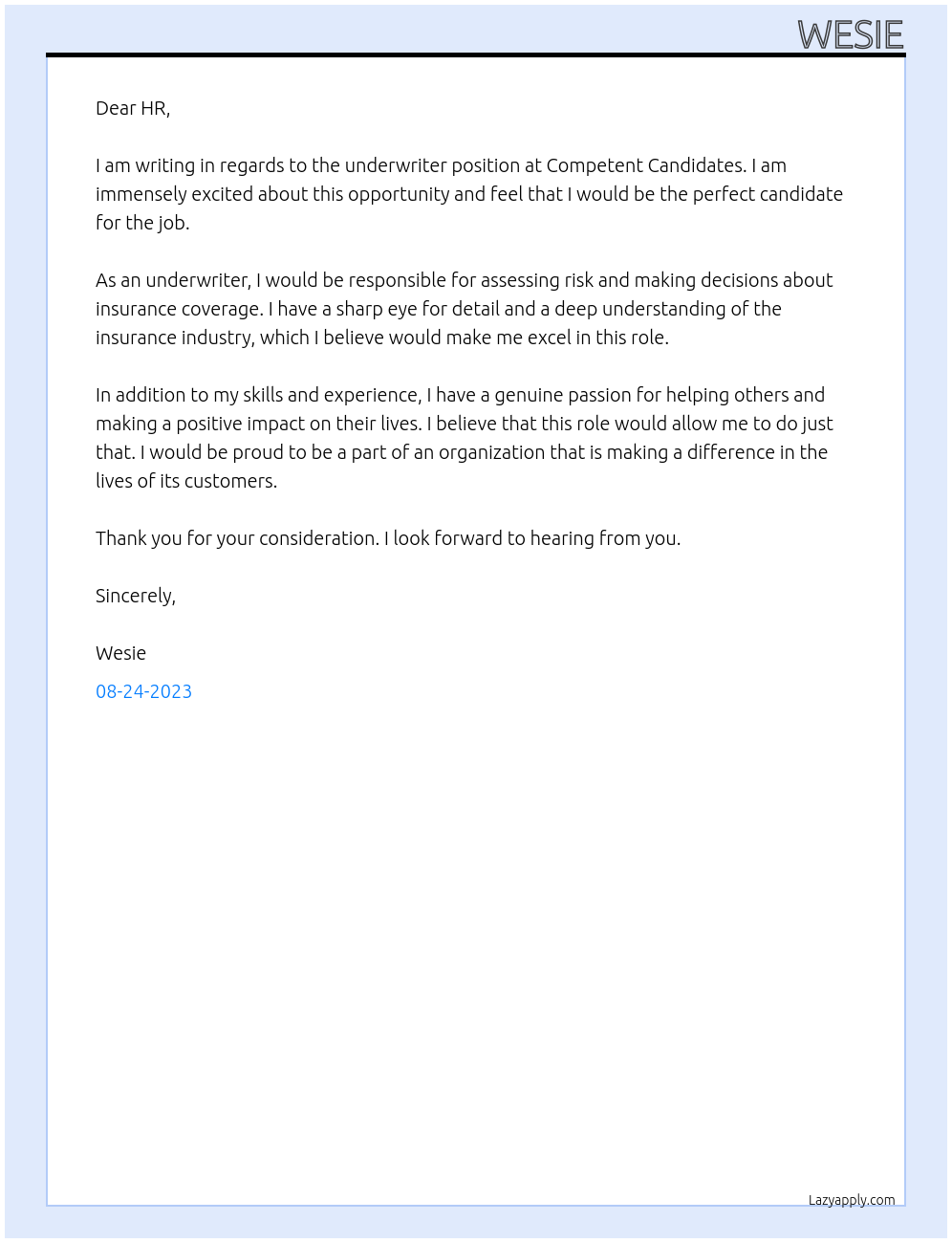 Underwriter At Competent Candidates Cover Letter