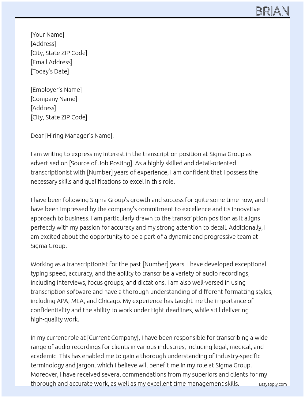 transcription At Sigma group Cover Letter
