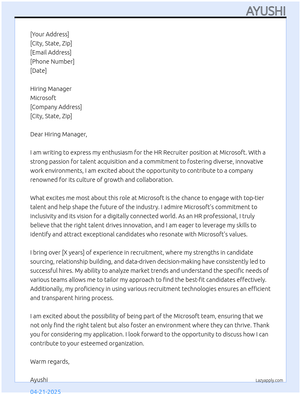 HR Recruiter  At Microsoft  Cover Letter