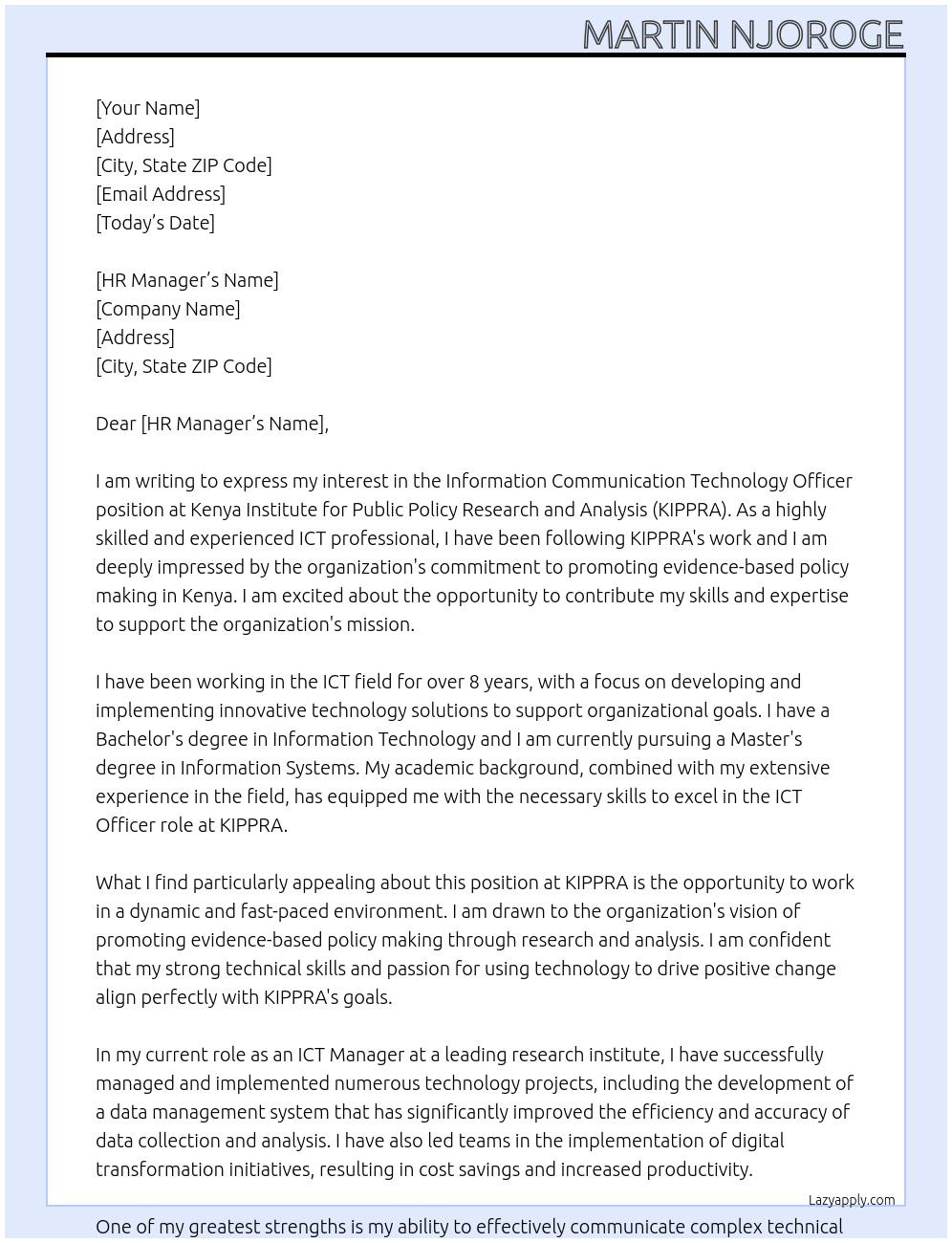 Information Communication Technology Officer At  Kenya Institute for Public Policy Research and Analysis (KIPPRA)  Cover Letter