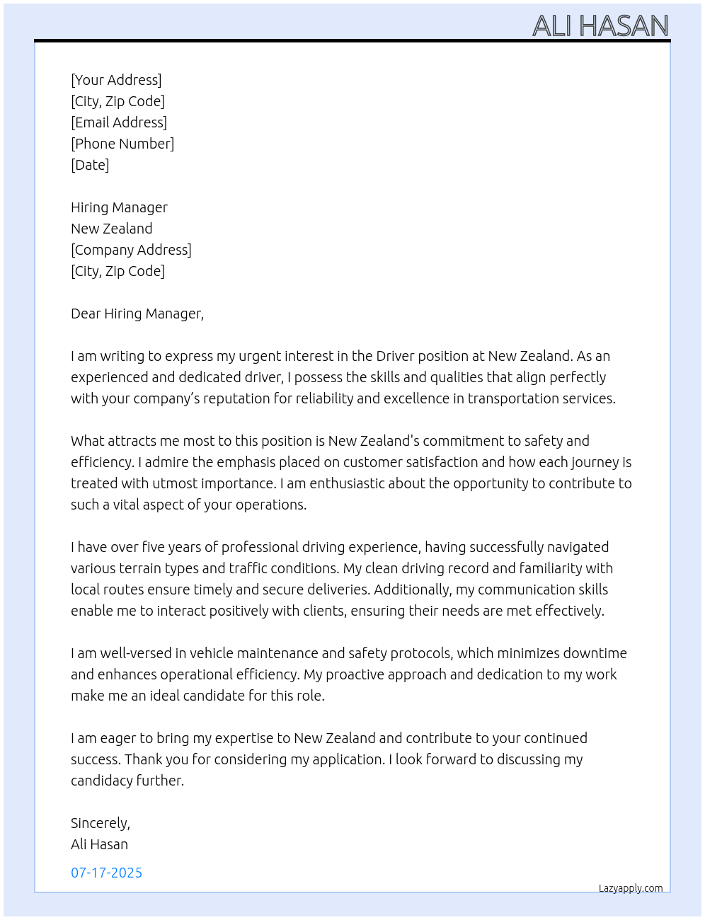 Driver At New zealand  Cover Letter