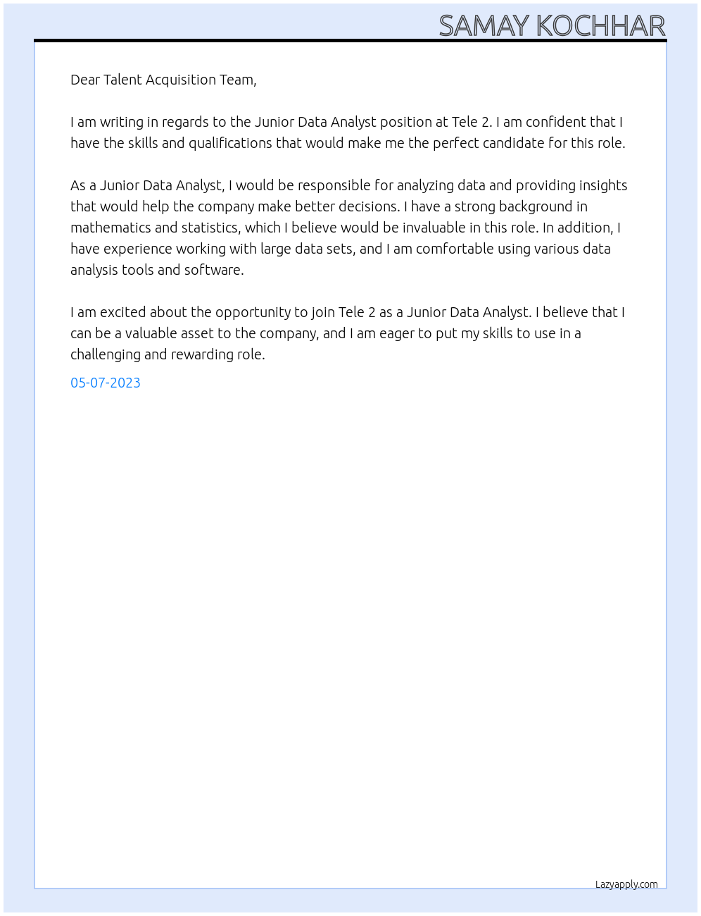 Junior Data ANalyst At Tele 2 Cover Letter