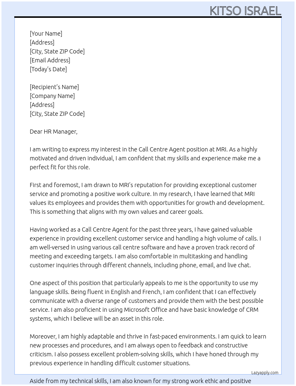 Call centre agent At MRI Cover Letter