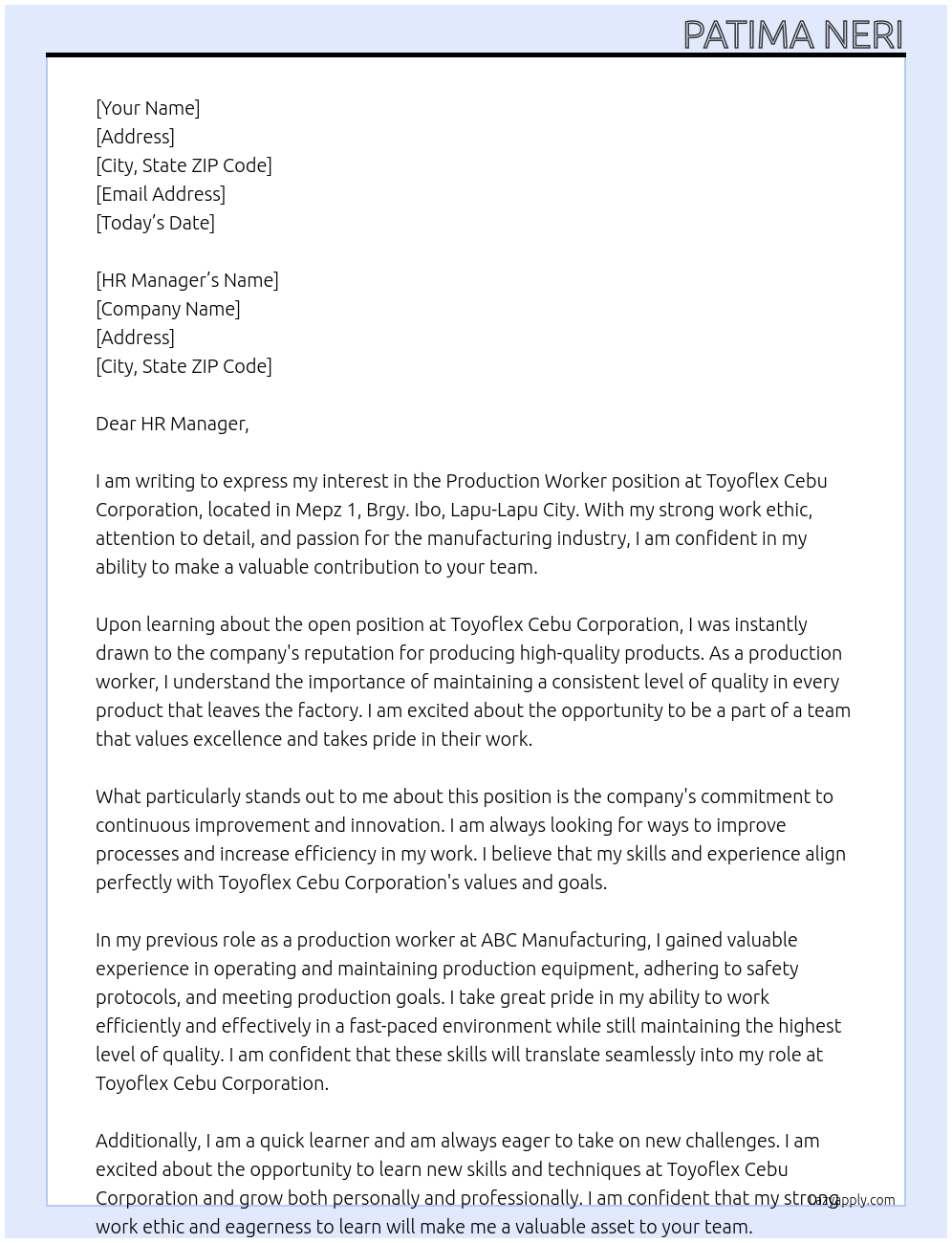 Production Worker At Toyoflex Cebu Corporation Cover Letter