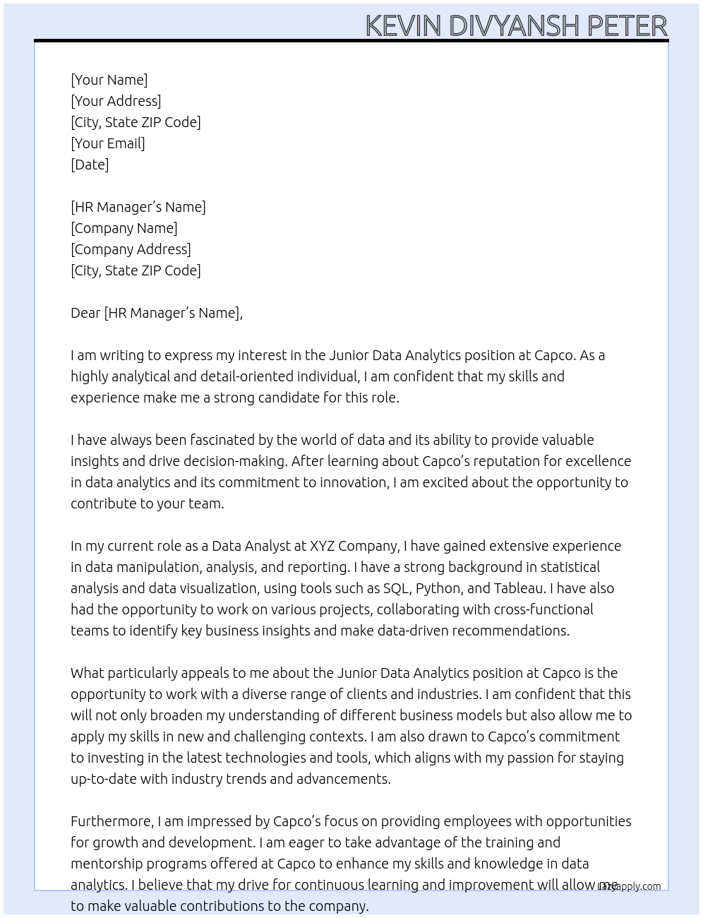 Junior Data Analytics At Capco Cover Letter