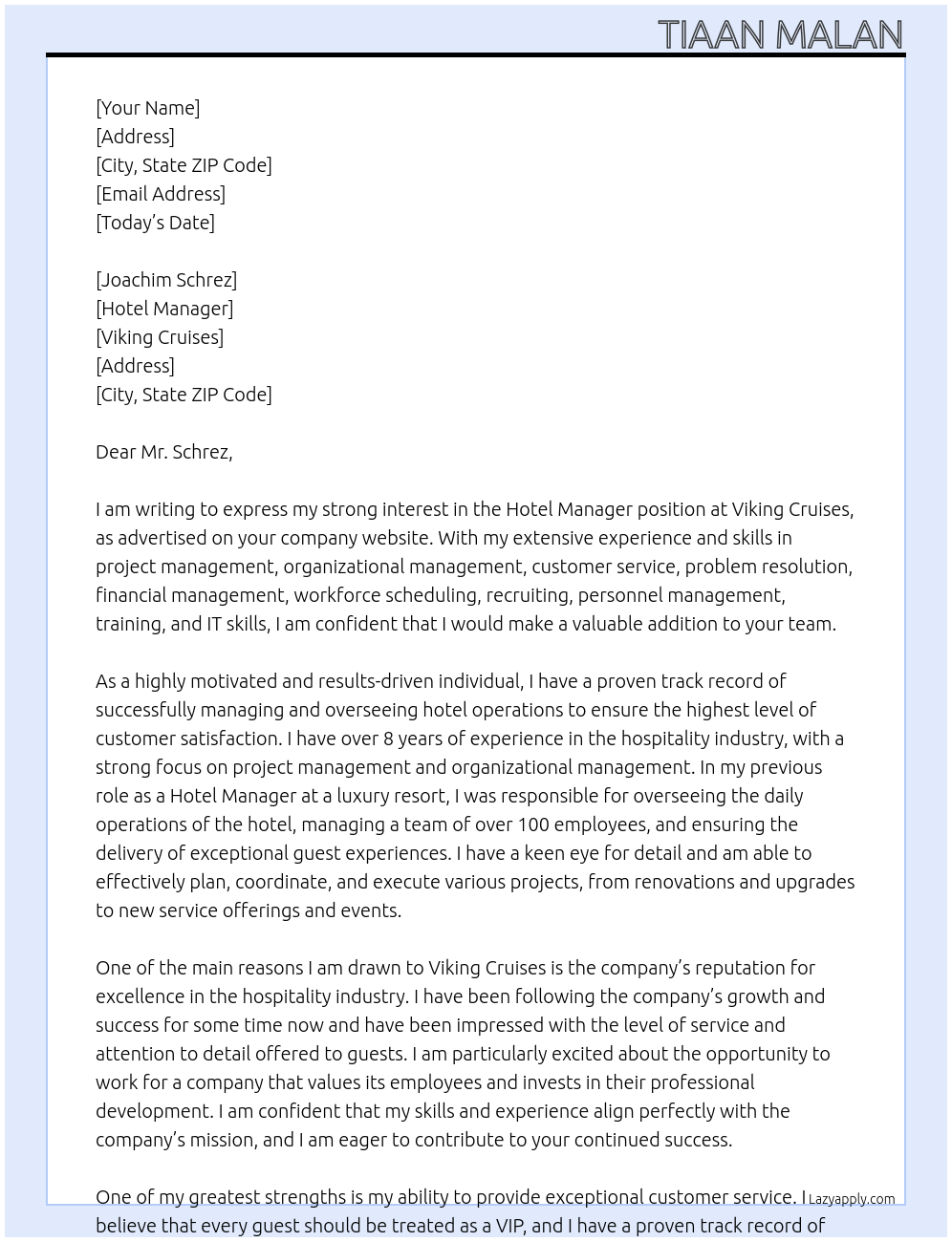 Hotel Manager At Viking Cruises Cover Letter