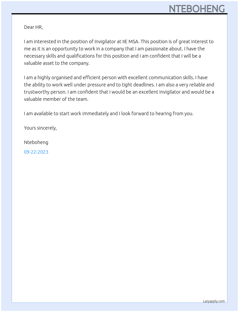 Invigilator At IIE MSA Cover Letter