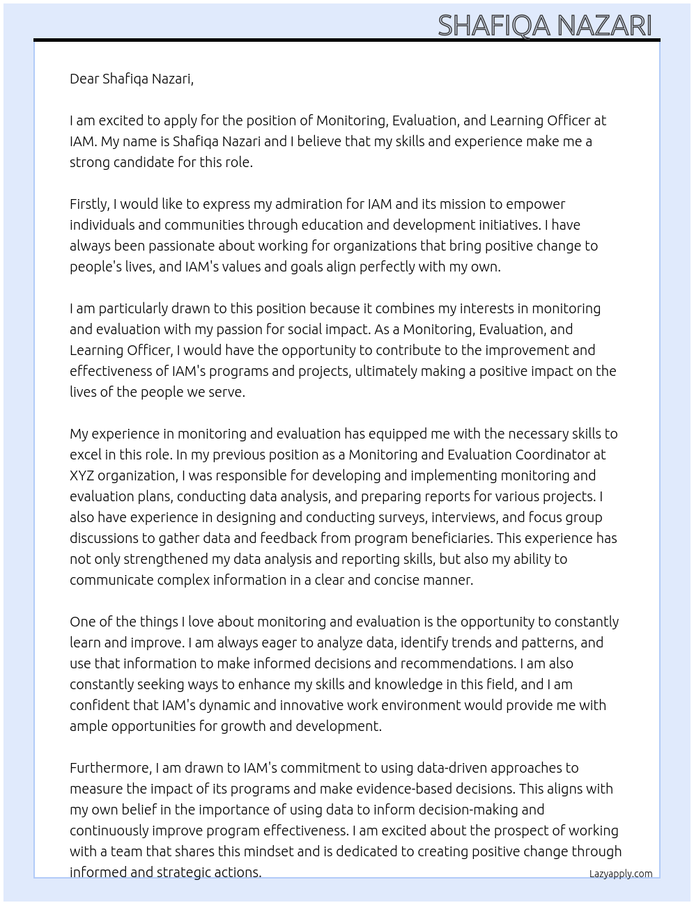 Monitoring evaluation and learning officer  At IAM Cover Letter
