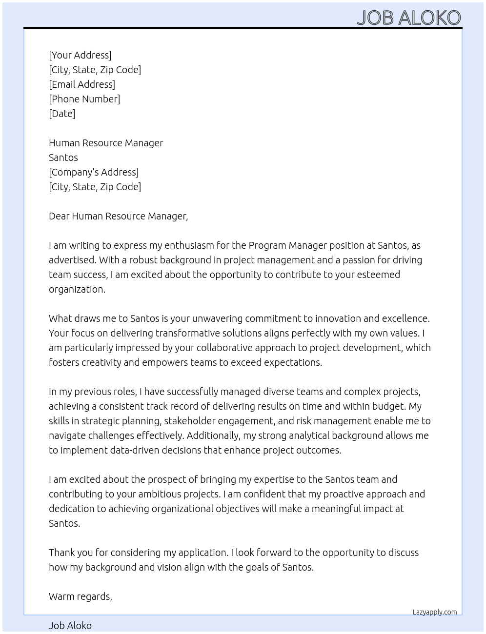 Program Manager At Santos Cover Letter