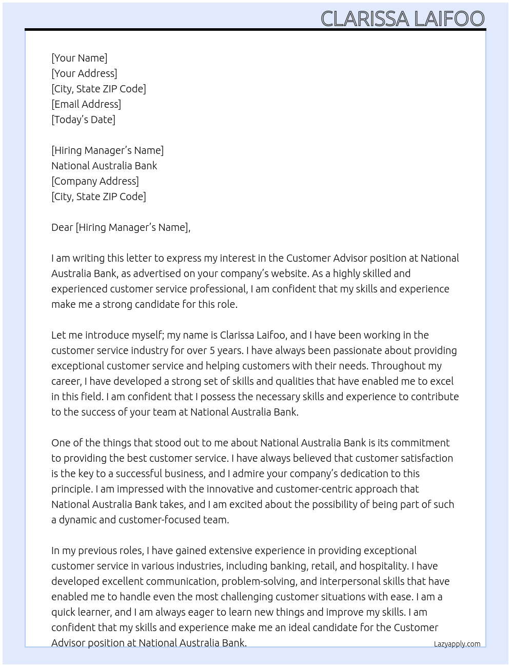 Customer Advisor  At National Australia Bank Cover Letter